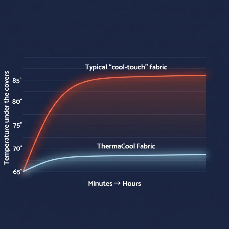 IMAGE_SLOT_3 — Line chart: cool-touch fabric returns to body temperature within minutes while ThermaCool stays cool for hours