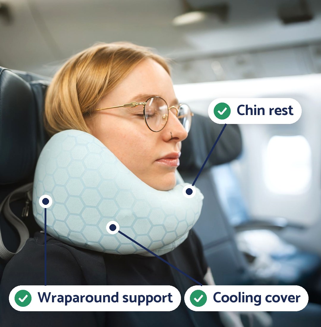 A traveler asleep upright in a plane seat wearing the Dosaze Travel Neck Pillow, labeled: chin rest, wraparound support, cooling cover