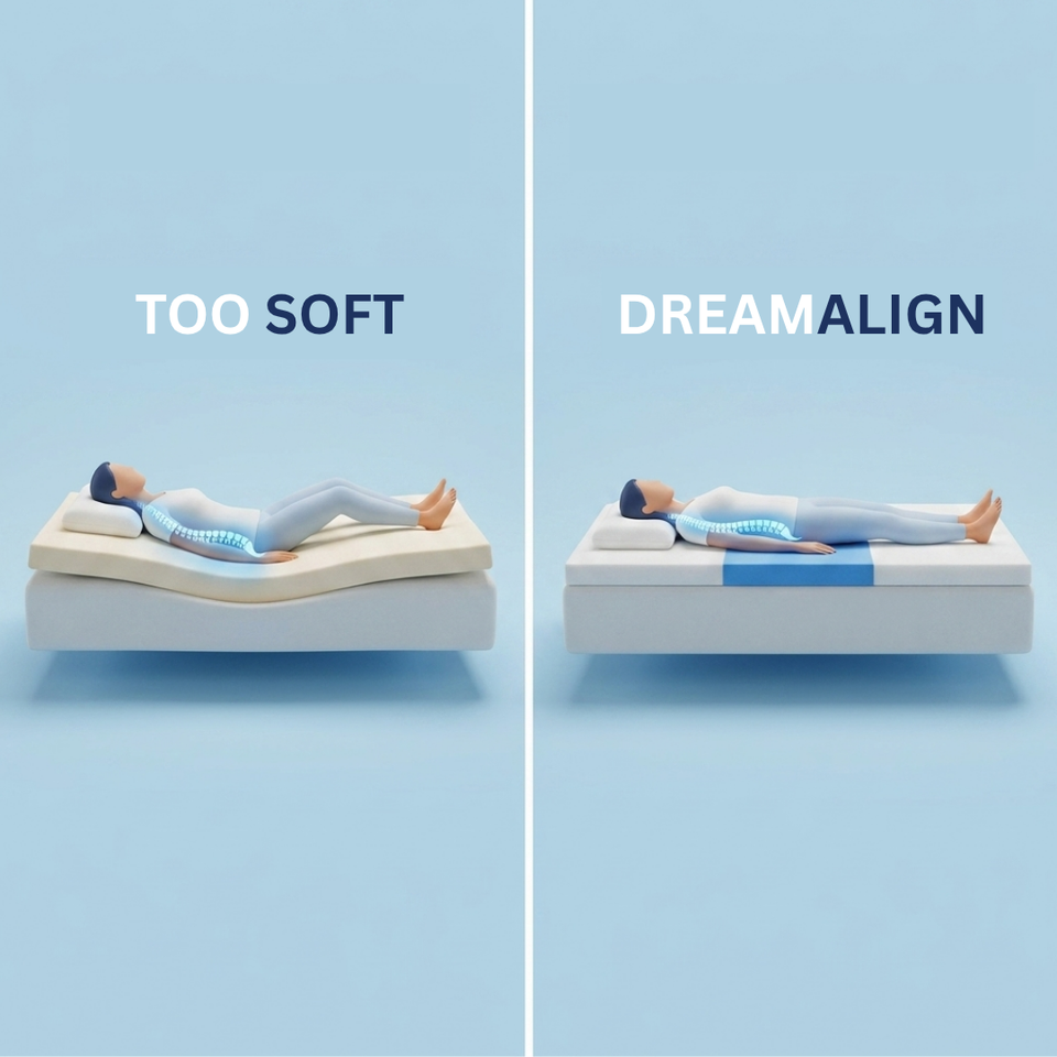 DreamAlign topper cross-section showing a firmer center zone keeping a sleeper's spine aligned